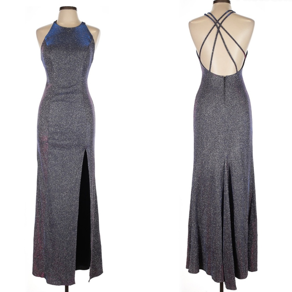 Juniors Dear Moon High Neck Cutout Back Iridescent Shimmer Formal Party Dress 13